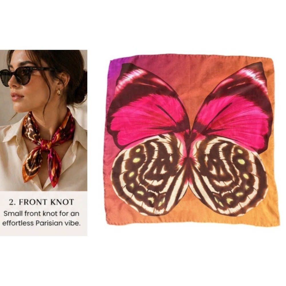 Vintage Silk Butterfly Scarf Hand Rolled  21" X 21" Parisian Retro Boho